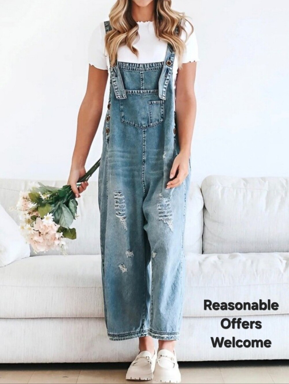 Light Blue Distressed Denim Women’s Overalls. Size Medium